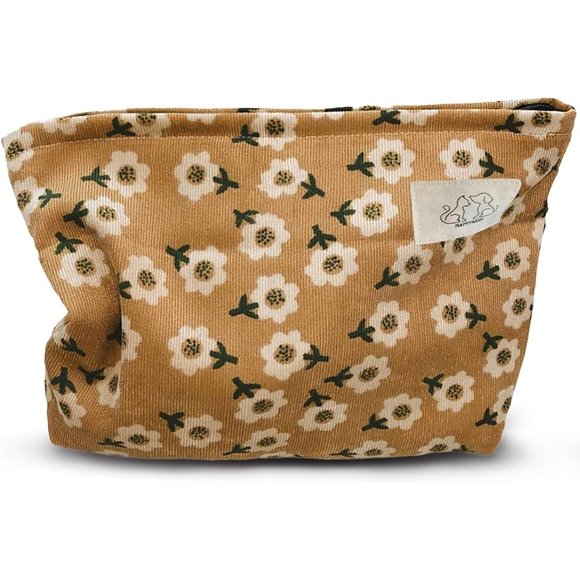 HAPPYHEIDI Women Floral Corduroy Travel Makeup Bag Cosmetic Pouch Purse Khaki - Picture 1 of 6